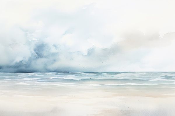 abstract watercolor illustration of white sands along a seashore on a gray cloudy day