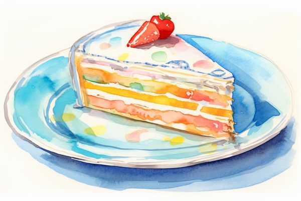 abstract watercolor illustration f a single slice of birthday cake on a plate