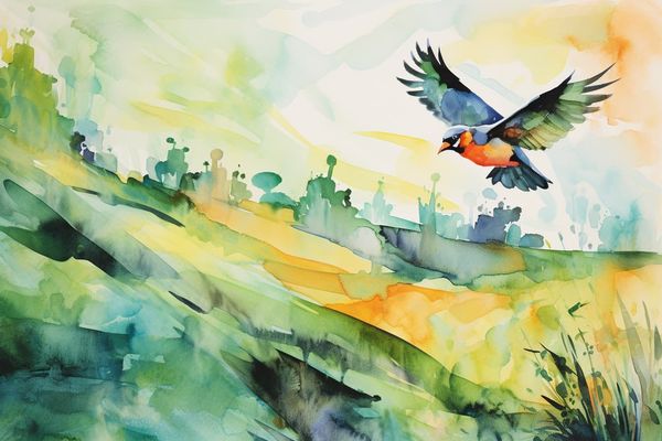 a colorful bird flying over a green pasture 