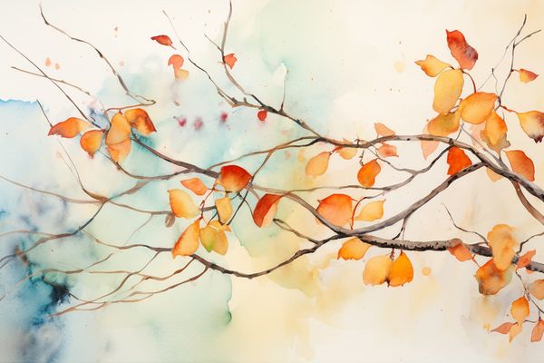 abstract watercolor illustration of fall leaves on a twisted tree branch