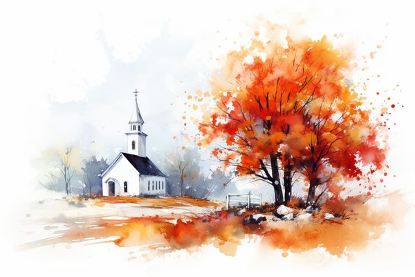 a glorious fall tree next to a small white country church