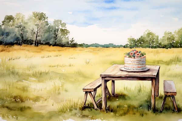 a birthday cake sitting on a lonely table in a large field 