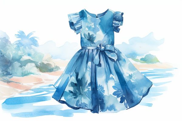 abstract watercolor illustration of a toddler girl's dress with a blue Hawaiian print