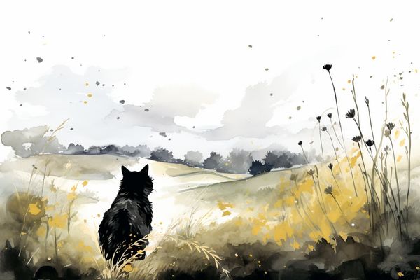 abstract watercolor illustration of a black cat in a field 