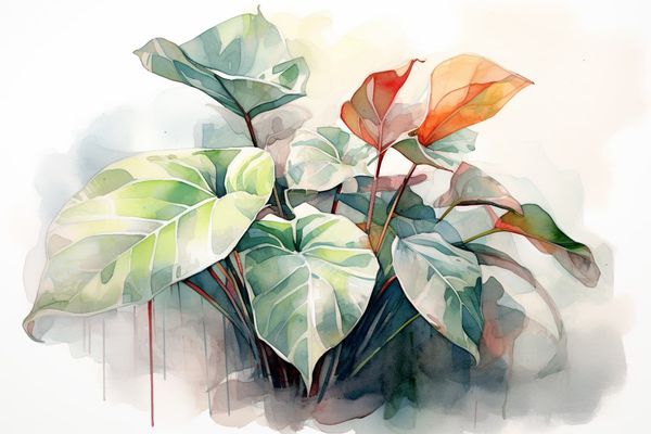 abstract watercolor illustration of a large houseplant with wilted leaves