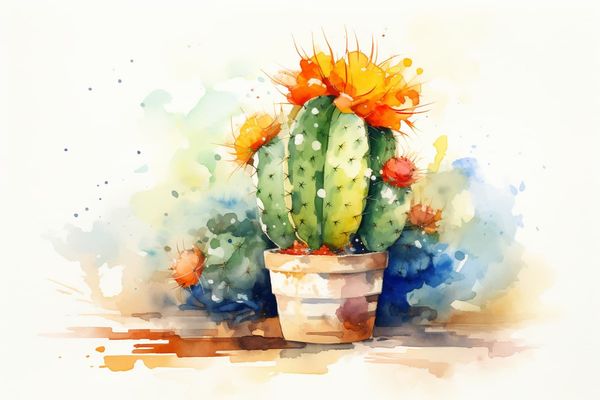 abstract watercolor illustration of a cactus sitting on a wooden table