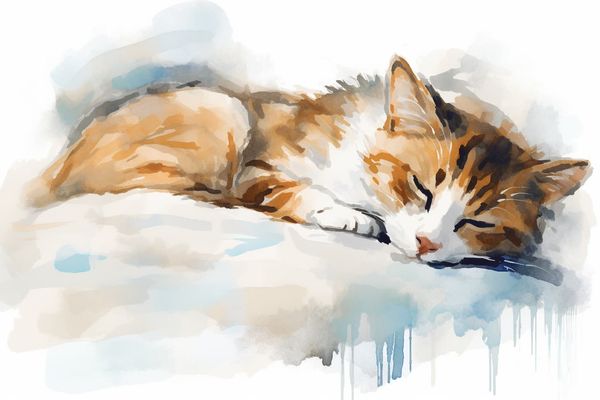 Watercolor illustration of a cat curled up on a bed.