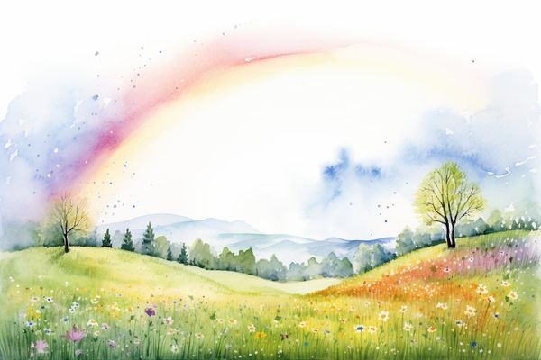 an abstact watercolor illustration of a thin rainbow over a field 