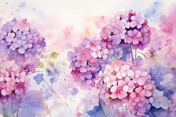 abstract watercolor illustration of pink and purple hydrangeas 