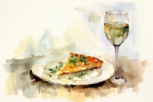a piece of quiche and a glass of wine on a table