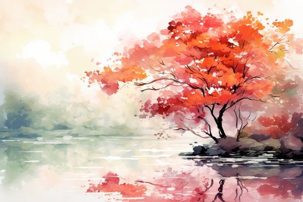 abstract watercolor illustration of a tree with red fall leaves near a calm pond
