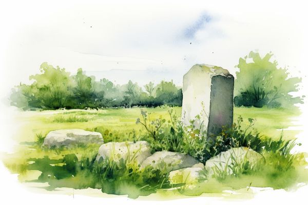 abstract watercolor illustration of a small solitary tombstone in the middle of a field