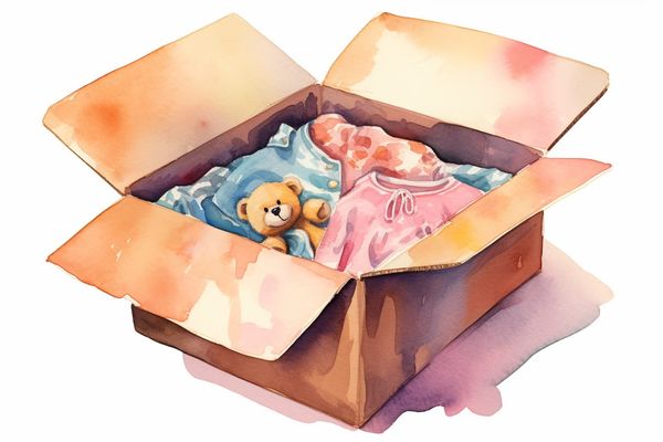 abstract watercolor illustration of a cardboard box filled with baby clothes