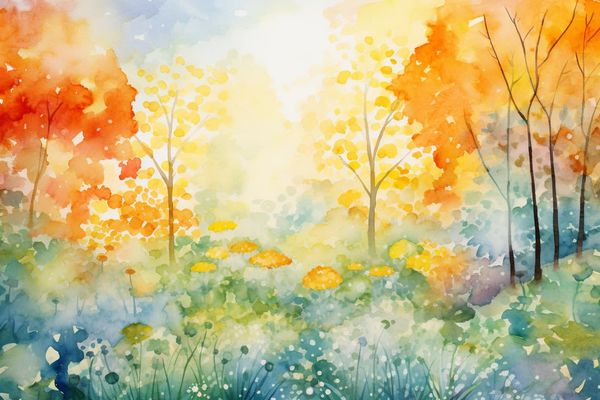abstract watercolor illustration of a bright sunshine over a forest and a field