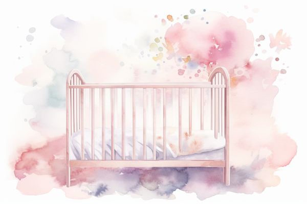 abstract watercolor illustration of a baby's room with a white crib