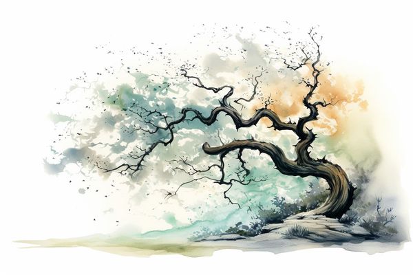 abstract watercolor illustration of a twisted and dying tree