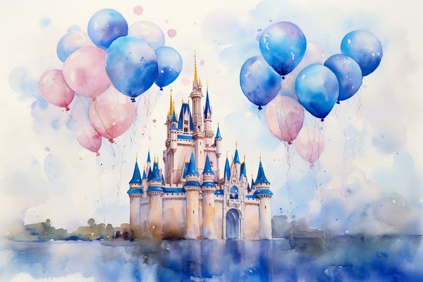 a watercolor illustration of balloons floating above the iconic Disney World castle