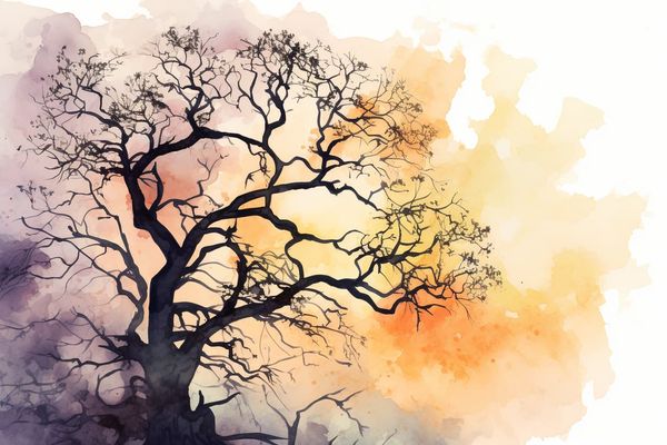 abstract watercolor illustration of a silhouette of a large oak tree with a sunrise poking through the branches