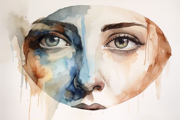 abstract watercolor illustration of the top of a woman's head and her sad eyes