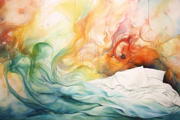 abstract watercolor illustration of a swirling bad dream above a bed