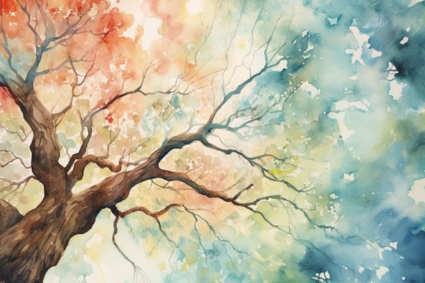 abstract watercolor illustration looking up at an expansive tree from the ground 