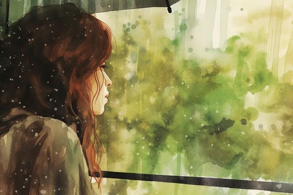 abstract watercolor illustration of a woman looking outside on a rainy day