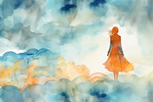abstract watercolor illustration, silhouette of a woman standing on top of the clouds