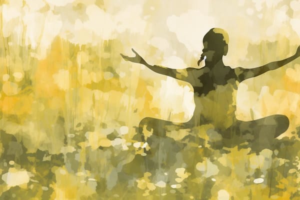 abstract watercolor illustration of a woman doing a yoga pose in a yellow field