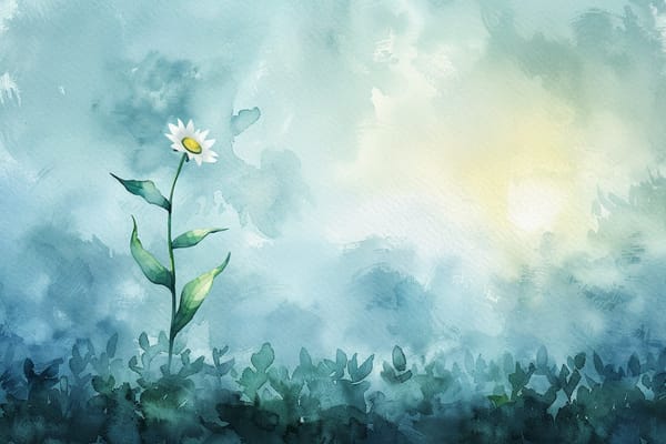 abstract watercolor illustration of a lone daisy growing in a field, early morning sun