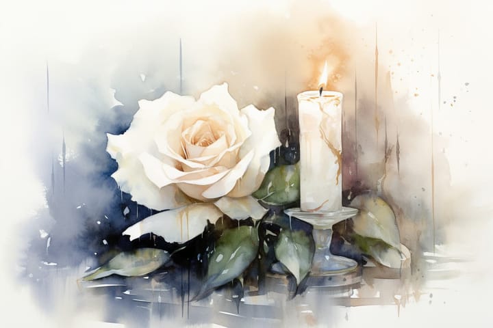 abstract watercolor illustration a white rose next to a candle