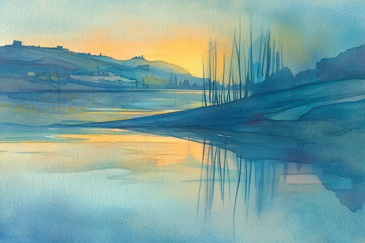 watercolor illustration of a serene lake at sunset