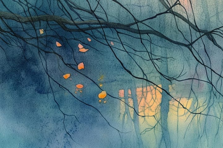 Illustration of a branch with a few scatted leaves over a pond