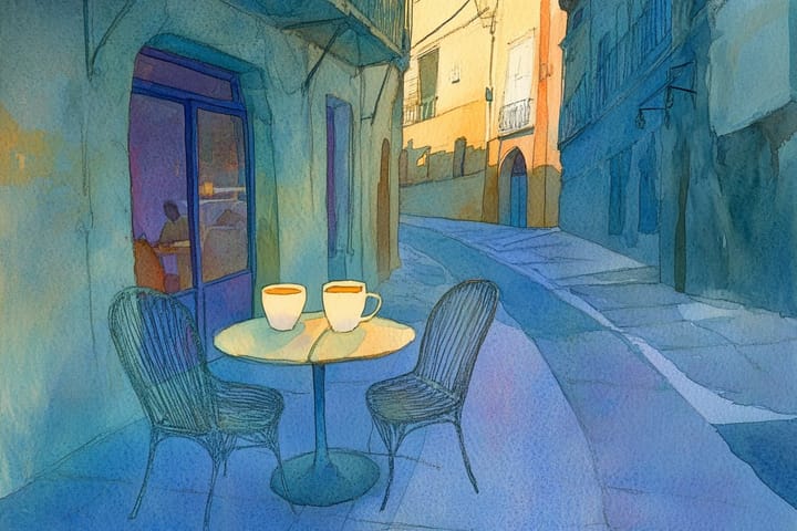 abstract watercolor illustration of a scene in Girona, Spain