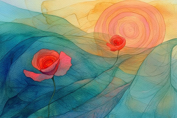 abstract watercolor illustration of two roses and a sun