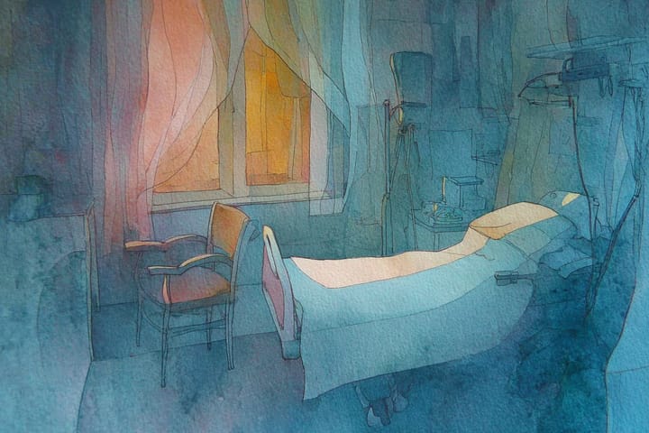 Watercolor illustration of a hospital bed
