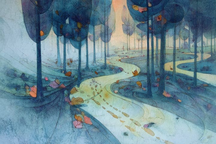abstract watercolor illustration of a path through a forest