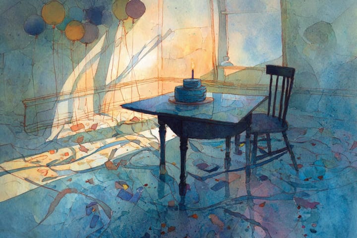 abstract watercolor illustration of a table with birthday cake and balloons in the background