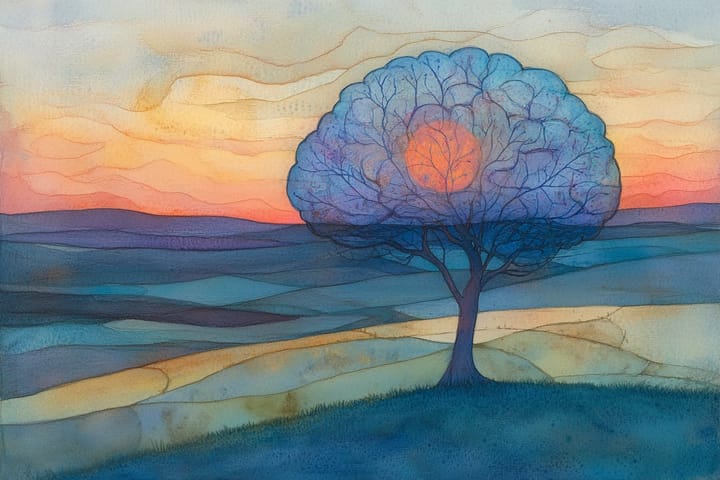 abstract watercolor illustration of a landscape with a tree. The tree is brain-like with a bright red dot in the middle symbolizing a brain tumor