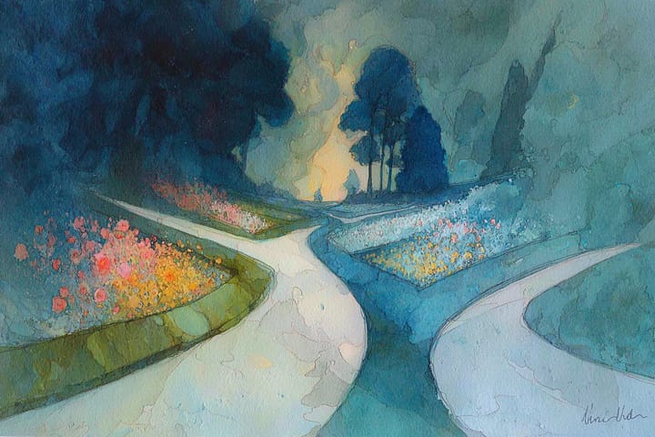 abstract watercolor illustration of two paths in a field and forest