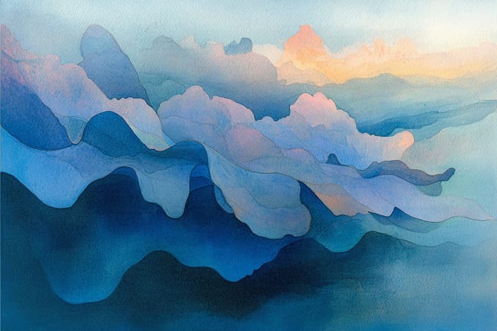 abstract watercolor illustration of mountains in front of clouds 