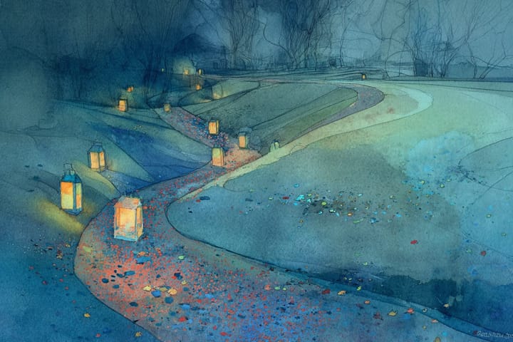 abstract watercolor illustration of a path illuminated by luminaria