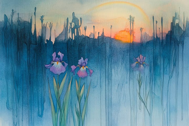 Abstact watercolor illustration of a garden at sunset