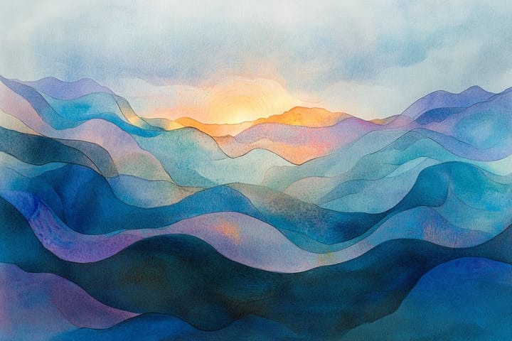 abstract watercolor illustration of rolling hills in the sunrise
