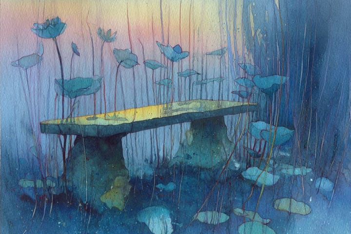 abstract watercolor illustration of a garden bench surrounded by flowers