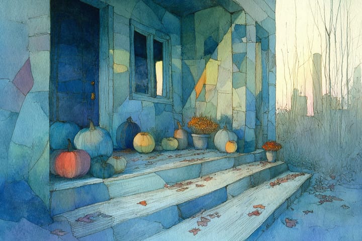 abstract watercolor illustration of pumpkins on the front steps of a house