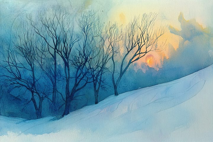 abstract watercolor illustration of bare trees in a snowy landscape.