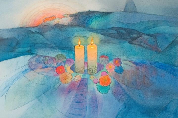 abstract watercolor illustration of two pillar candles surroounded by flowers
