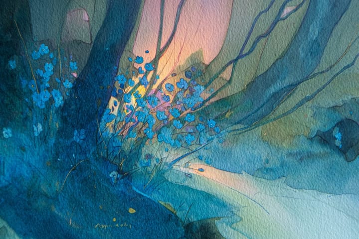 abstract watercolor illustration of flowers in a forest