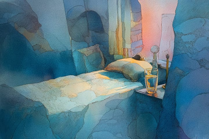 abstract watercolor illustration of a bed with a side table that has a glass of water on it