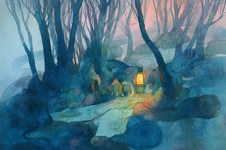 abstract watercolor illustration of a lamp in the middle of a forest clearing